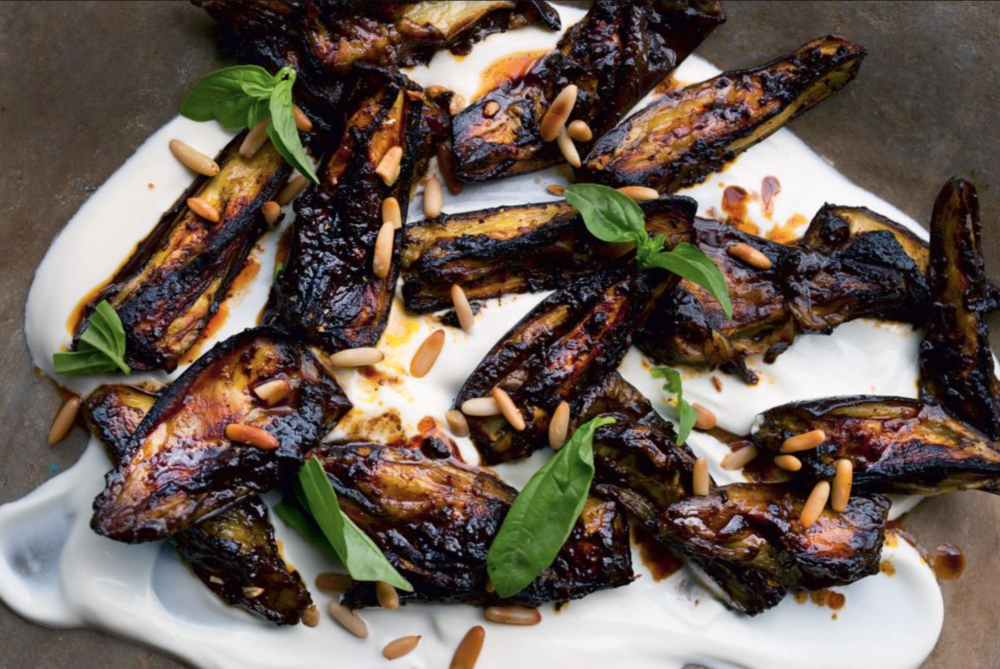 ROASTED EGGPLANT WITH BLACK GARLIC, PINE NUTS AND BASIL